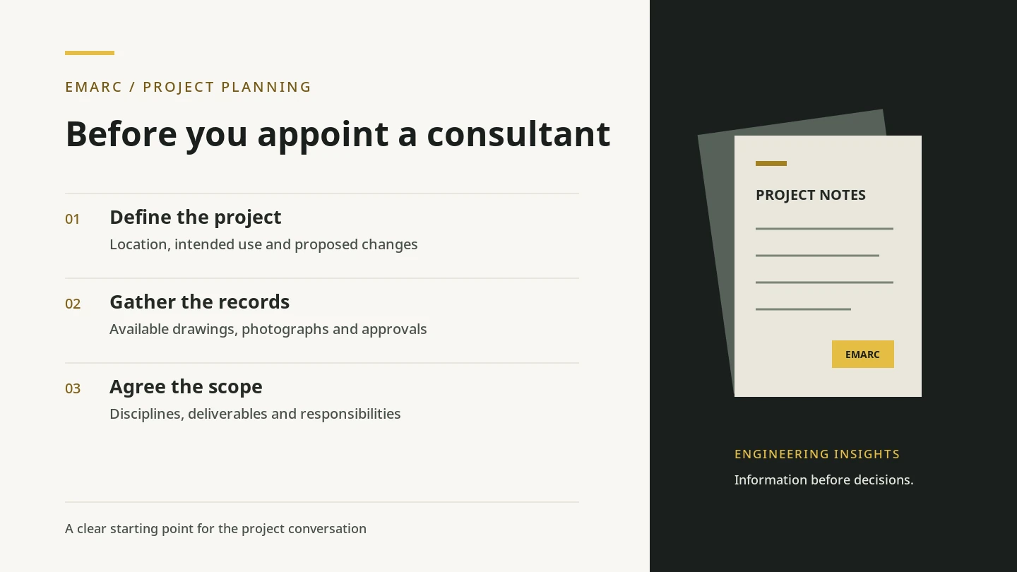 Project-brief checklist covering the location and proposed use, available records, and consultant responsibilities.