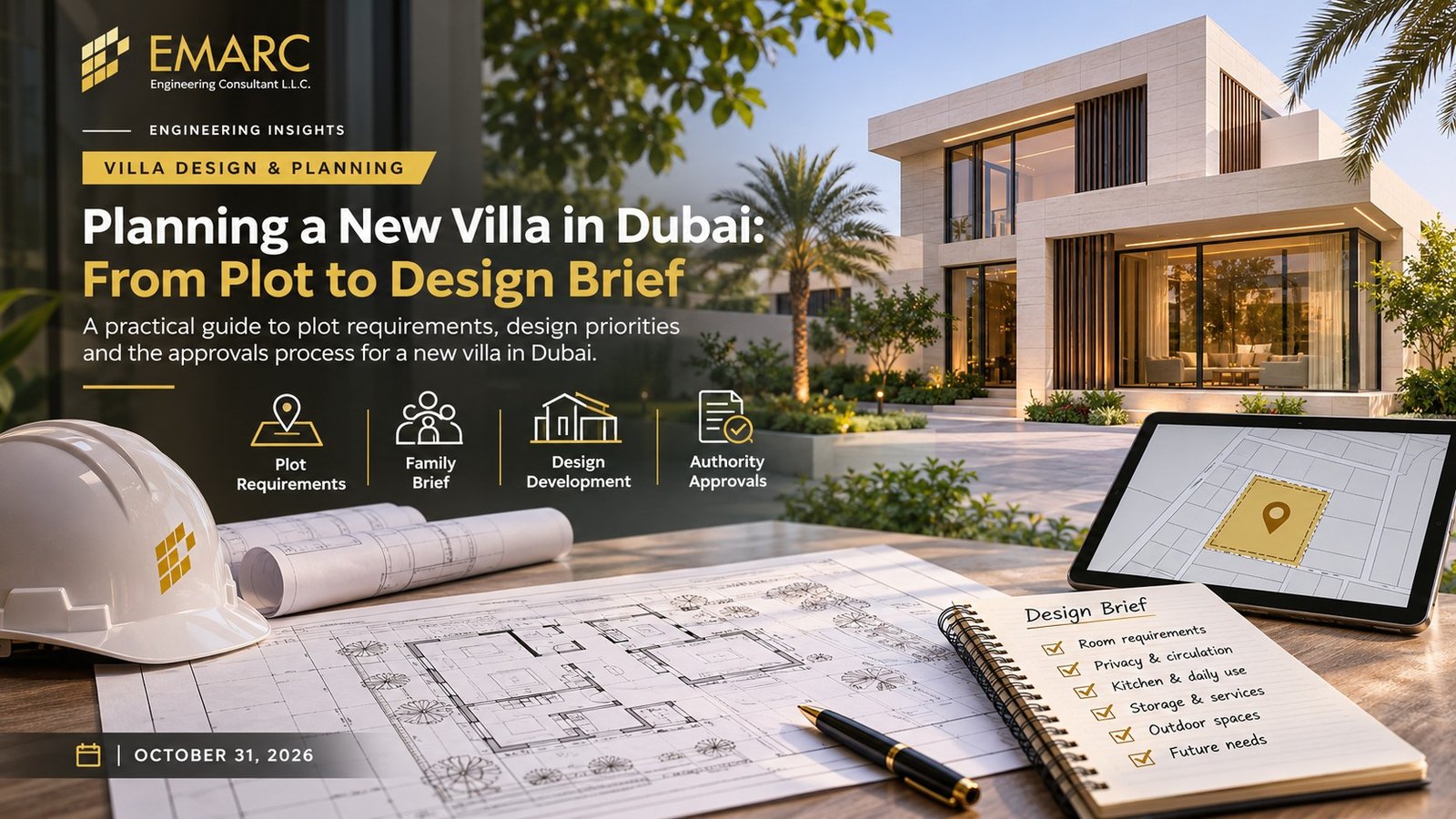 Concept illustration of a modern villa, architectural drawings, a plot plan and a family design-brief checklist.